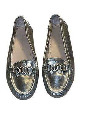 Adrienne Vittadini Metallic Silver Chain-Trim Loafers